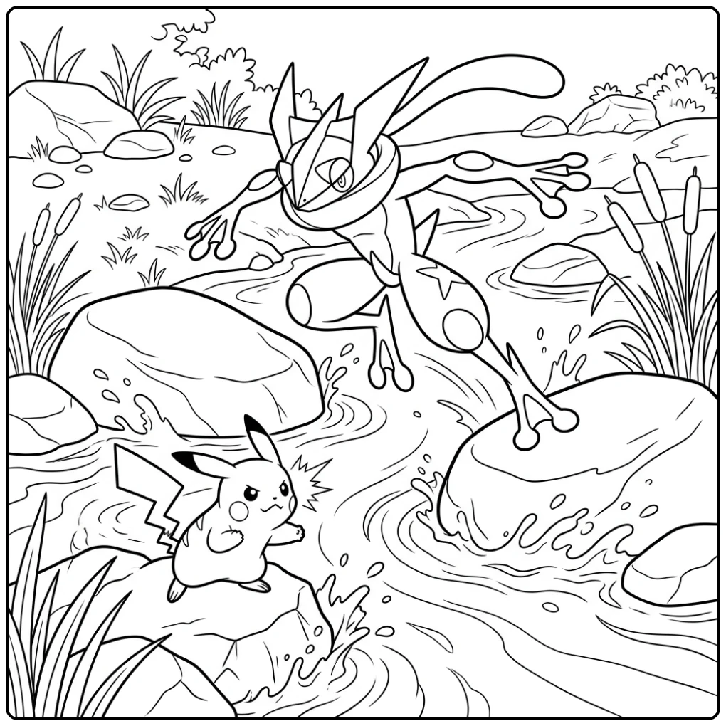 Actievolle greninja kleurplaat: Greninja springt en vecht tegen Pikachu.