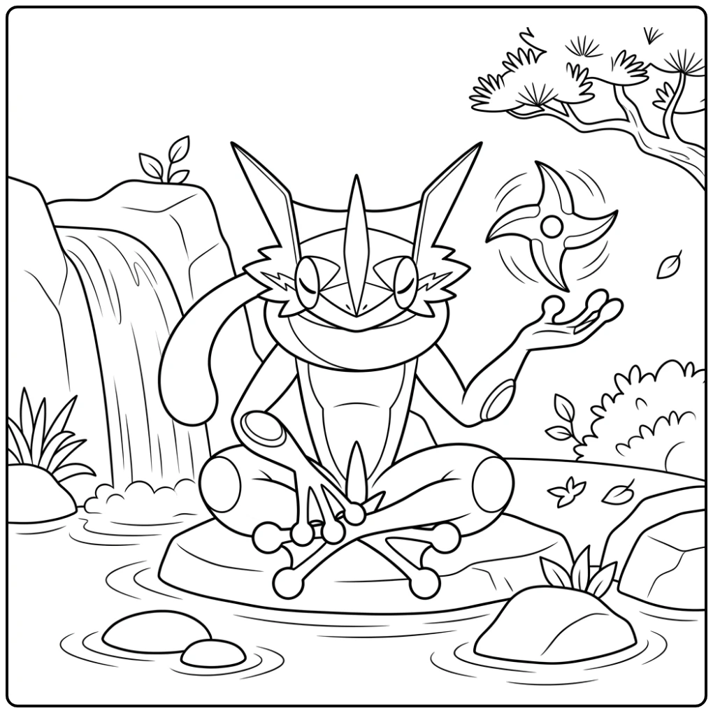 Rustige greninja kleurplaat: Greninja mediteert bij waterval.
