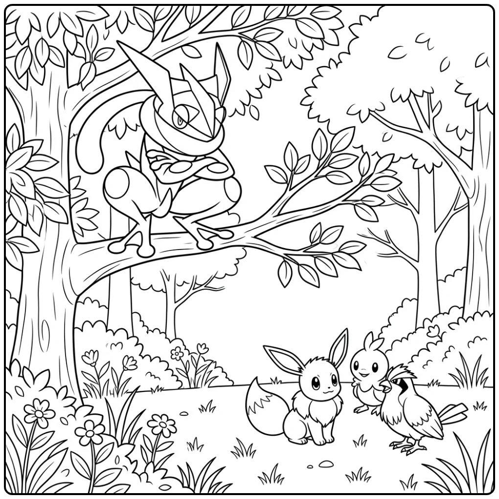 Stealthy greninja kleurplaat: Greninja op tak bespiedt Eevee en Pidgey.