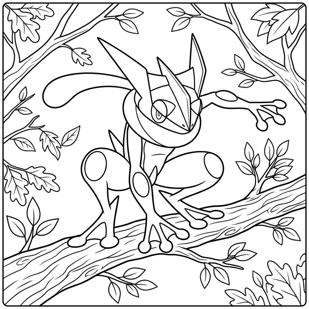 Stille Greninja kleurplaat als ninja op tak, klaar voor actie.