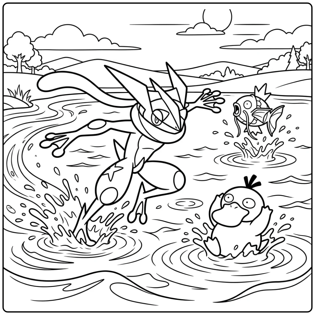 Actieve greninja kleurplaat: Greninja sprint over water, jaagt Psyduck.
