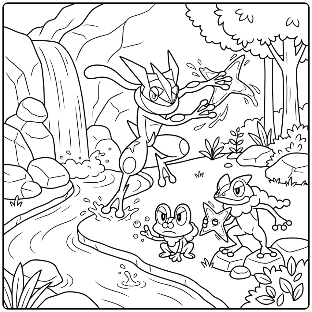 Speelse greninja kleurplaat: training met Froakie bij waterval.