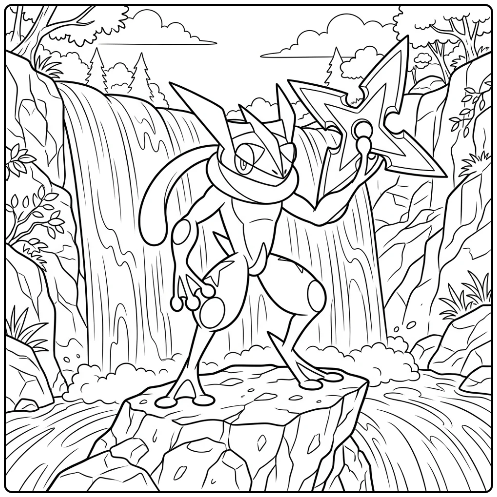 Greninja kleurplaat: Heldhaftige Greninja bij waterval met shuriken.