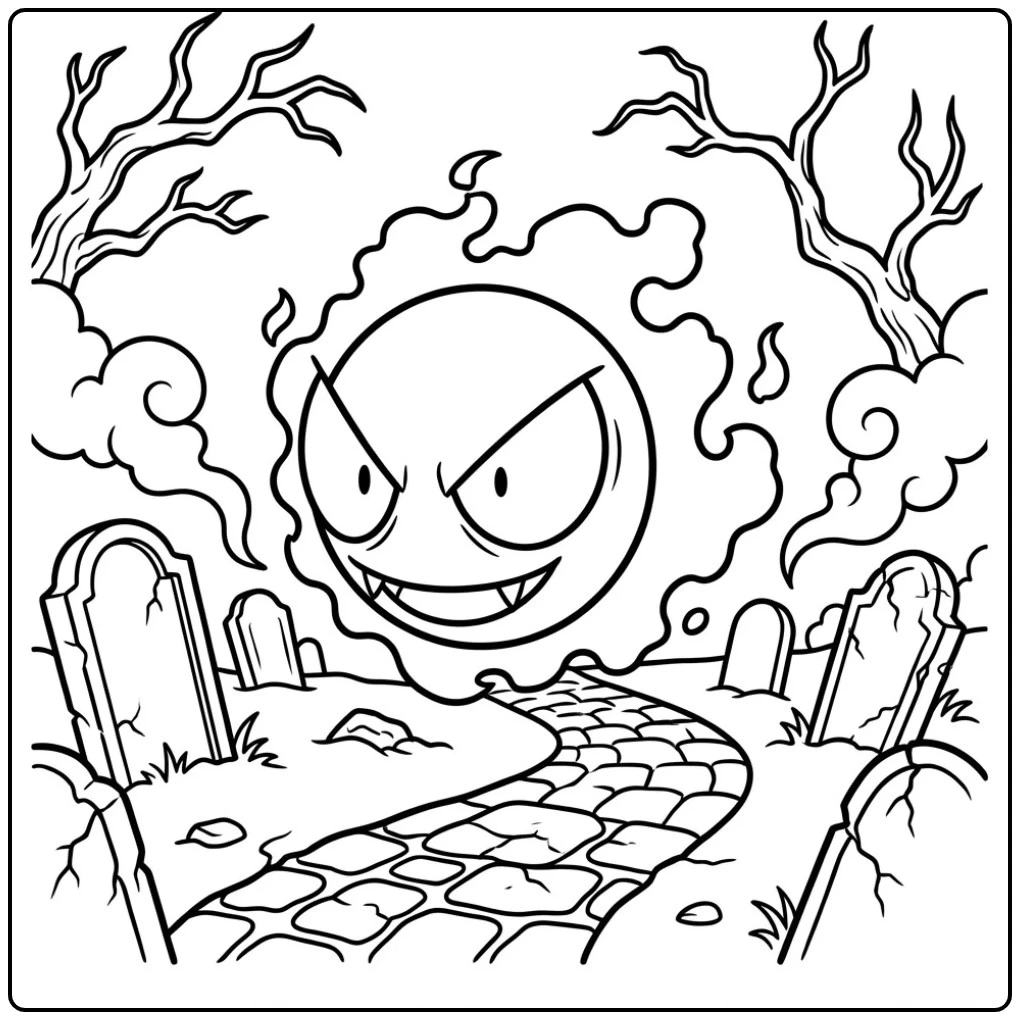 Spookachtige Pokemon Gastly kleurplaat op een begraafplaats.