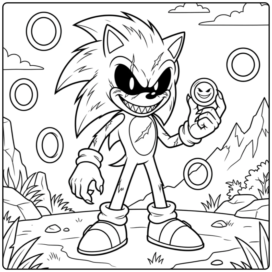 Sonic Exe kleurplaat met Sonic die ring vasthoudt en smirkt.