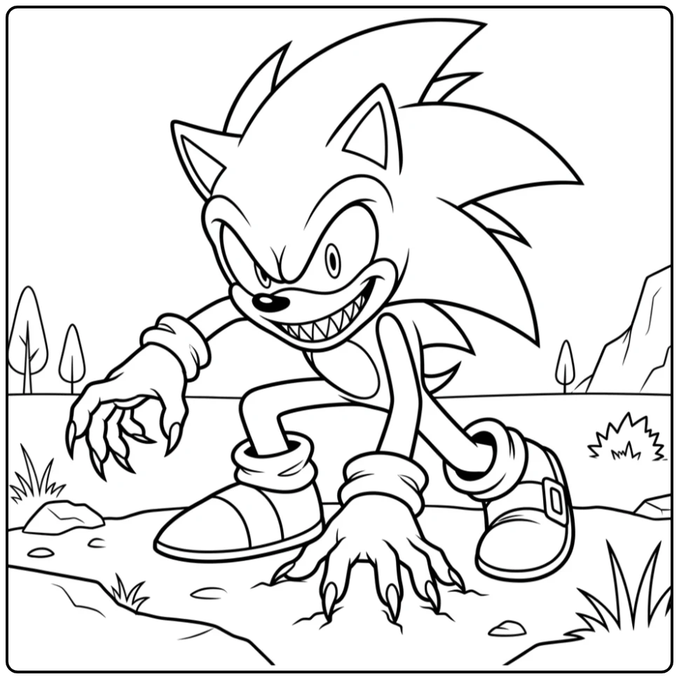 Duistere sonic exe kleurplaat: Grijnzende Sonic Exe, klauwen gereed.