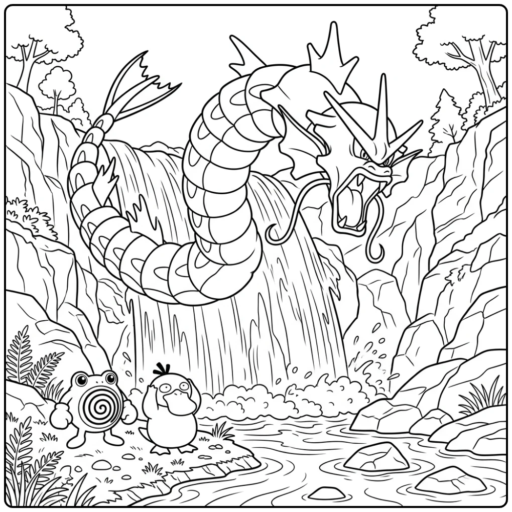 Gyarados kleurplaat bij waterval met Poliwhirl en Psyduck