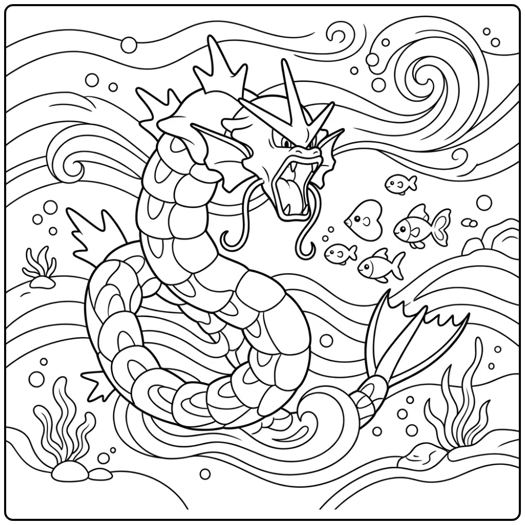 Speelse gyarados kleurplaat, omringd door vissen en golven