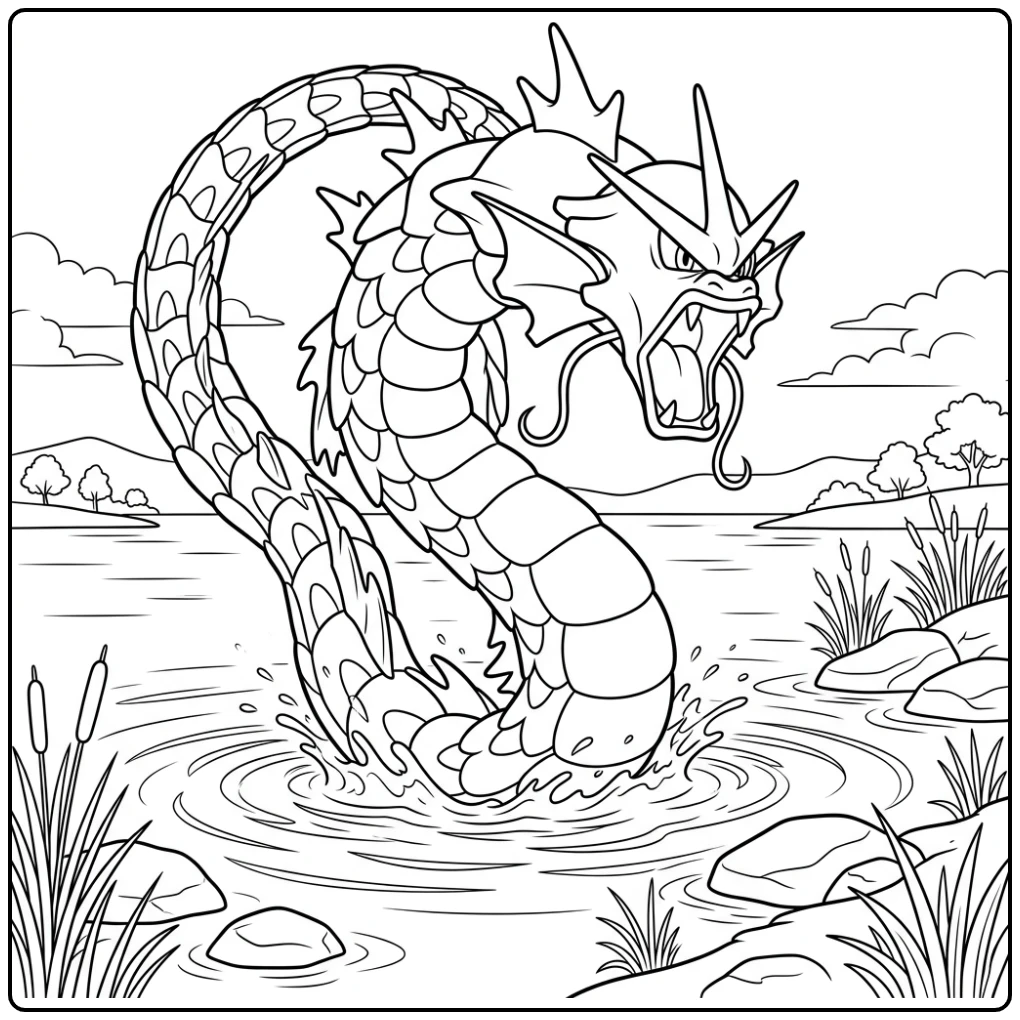 Dynamische gyarados kleurplaat, komt uit meer met golven.