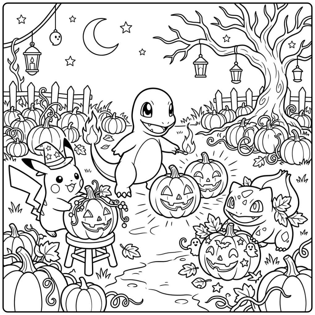 Leuke kleurplaat halloween pokemon met Charmander en vrienden