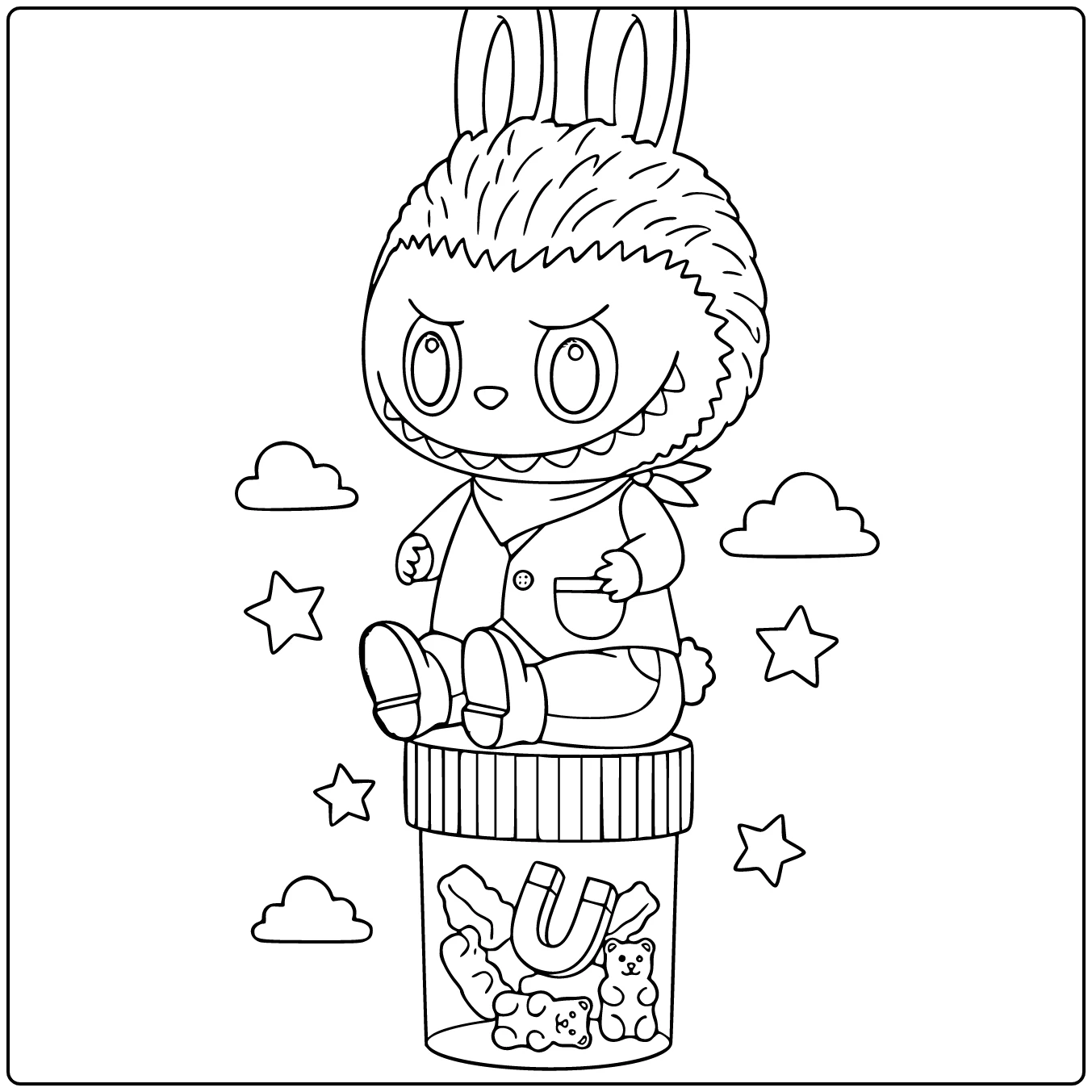 Hard Candy kleurplaat: konijn op een pot met snoepjes.