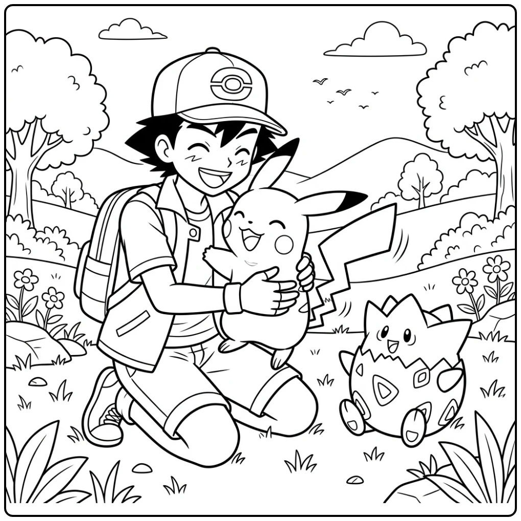 Vrolijke pikachu kleurplaat met Satoshi en de lieve Togepi.