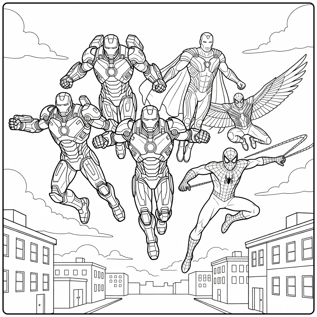 Actievolle marvel kleurplaat met Iron Man en Spider-Man.