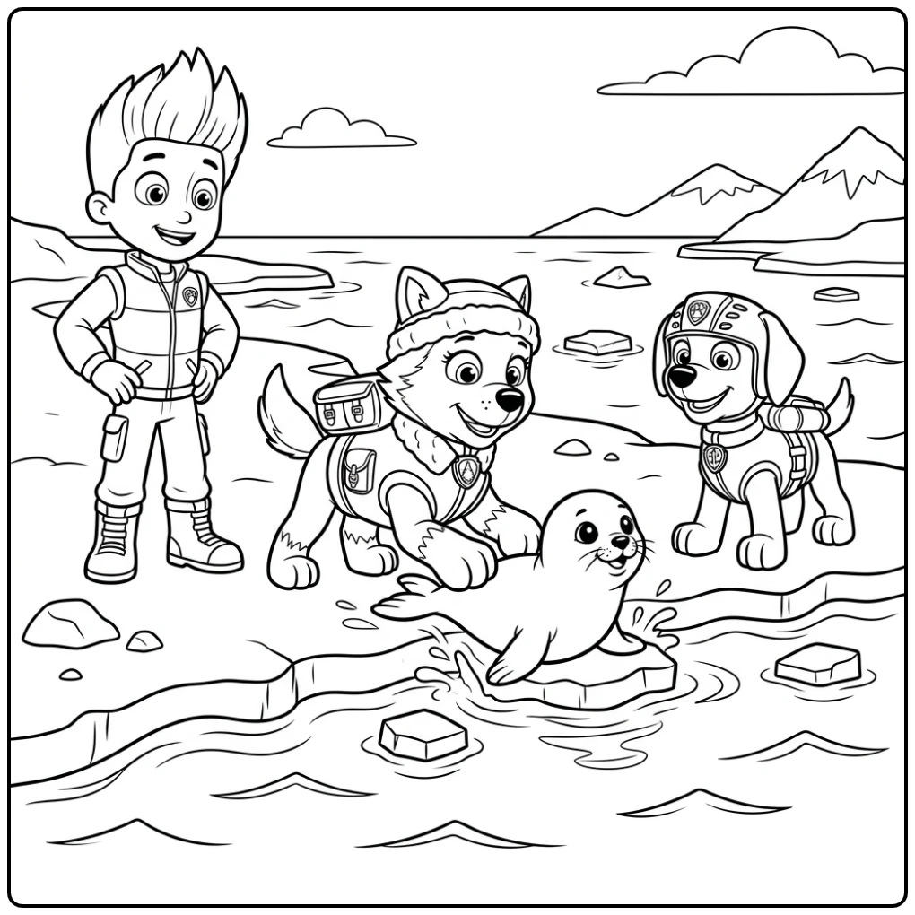 Everest redt een zeehondje, een leuke everest paw patrol kleurplaat.