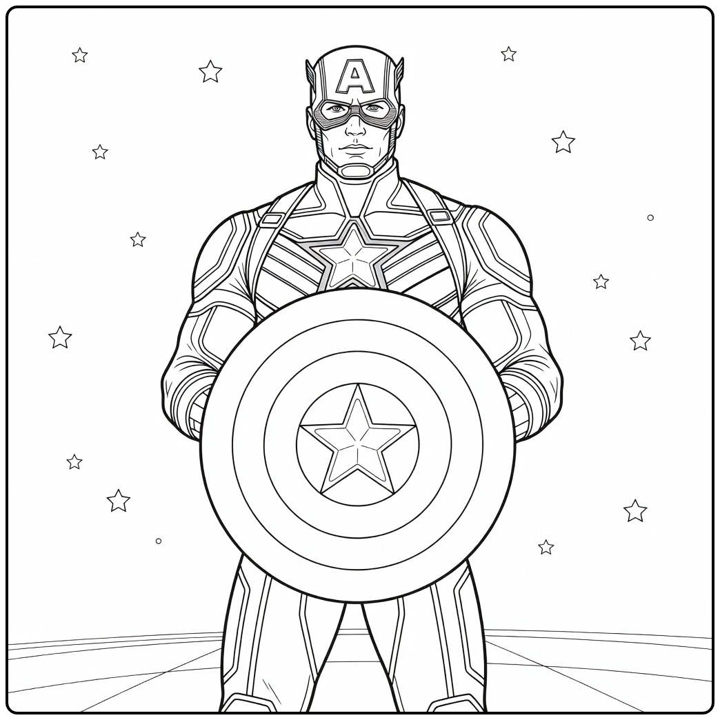 Mooie captain america kleurplaat met schild en sterren.