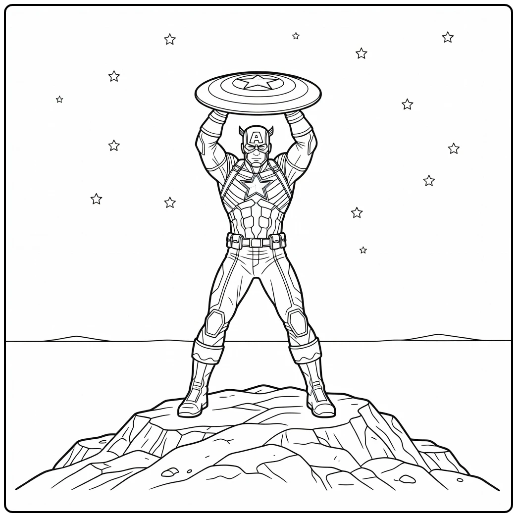 Stoere captain america kleurplaat met schild op een heuvel.
