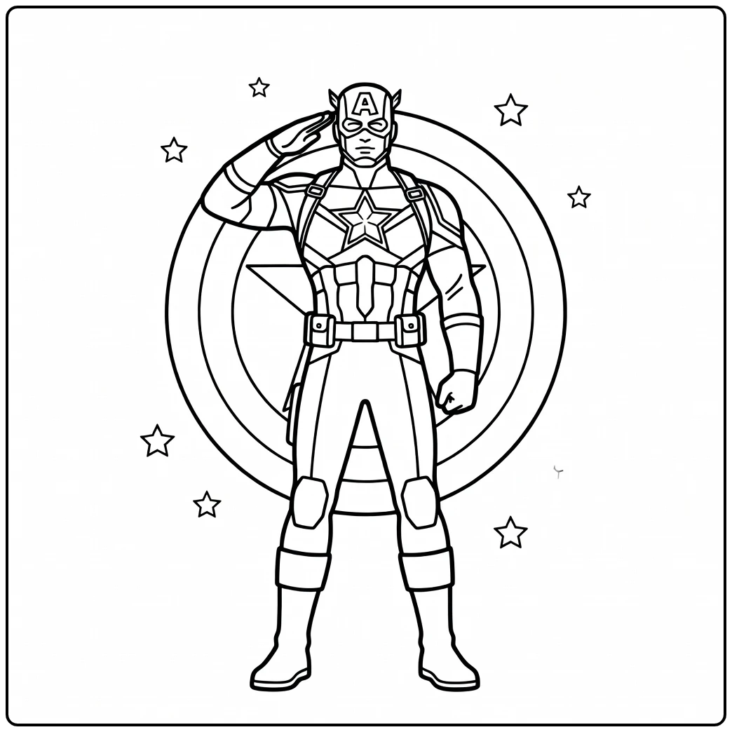 Saluerende held op deze captain america kleurplaat.