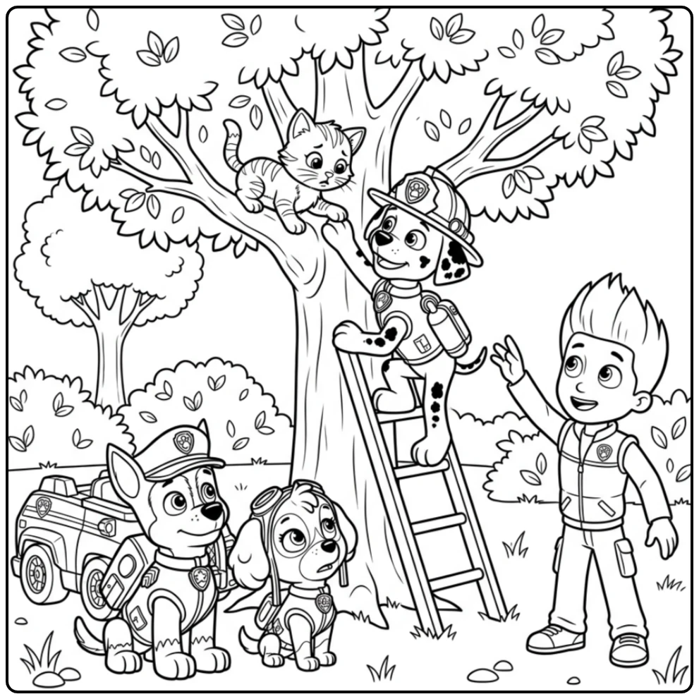 Marshall redt katje: spannende kleurplaat paw patrol marshall in actie