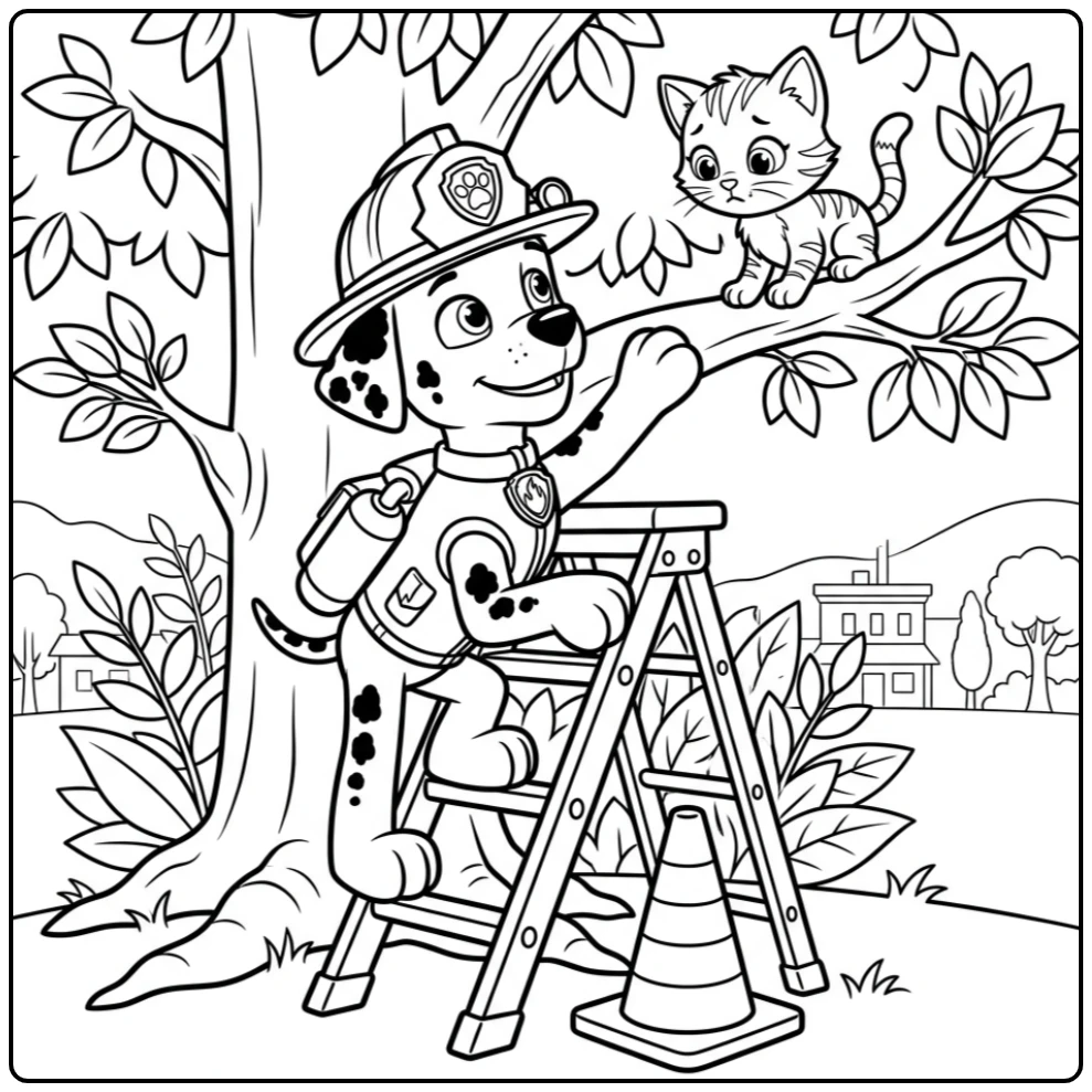 Marshall op een ladder redt een kitten - kleurplaat paw patrol marshall