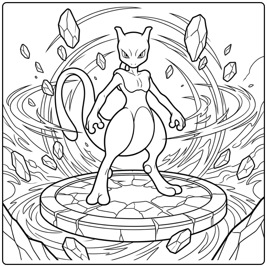 Een epische mewtwo kleurplaat op een platform met stenen.