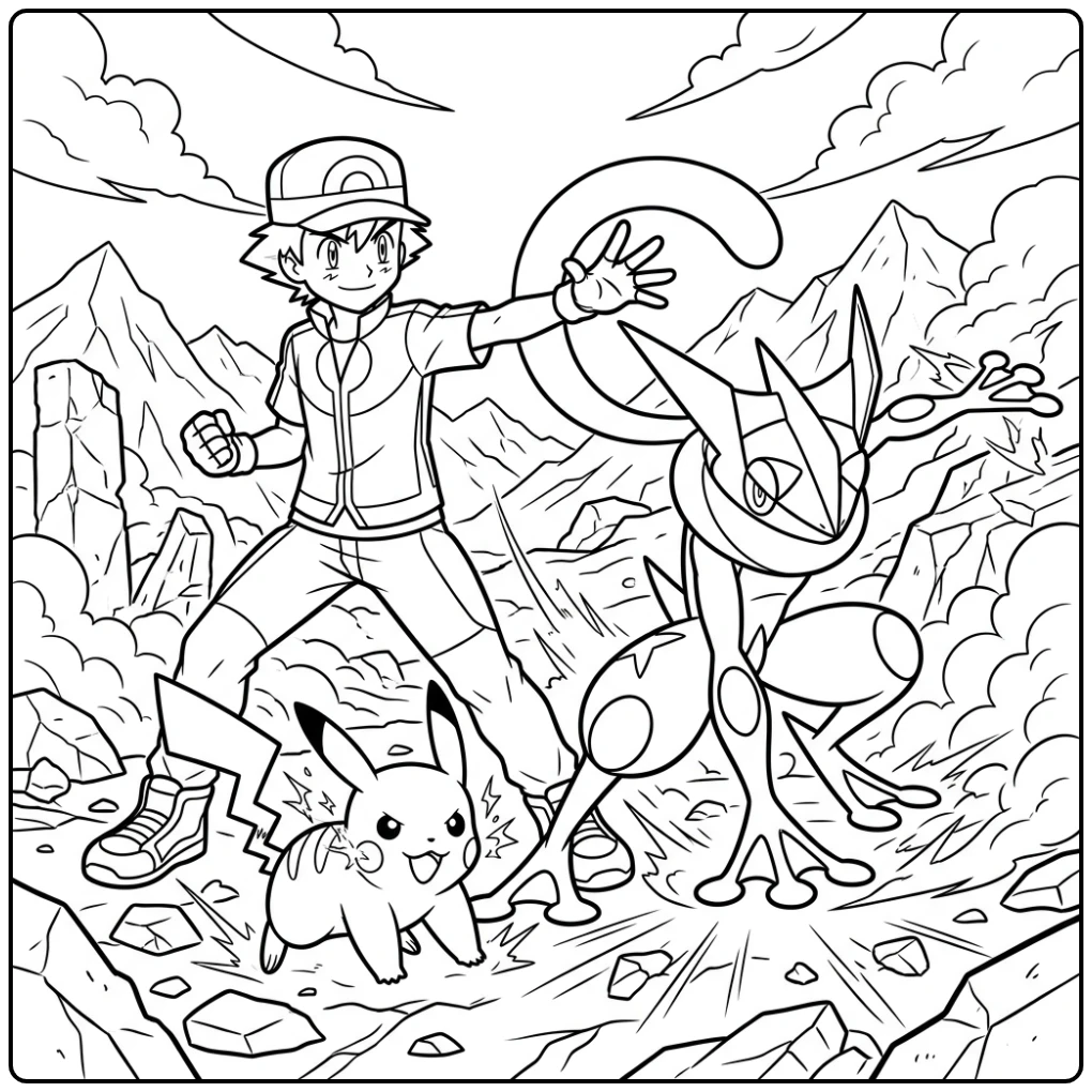 Actievolle pikachu kleurplaat met Satoshi en Greninja.