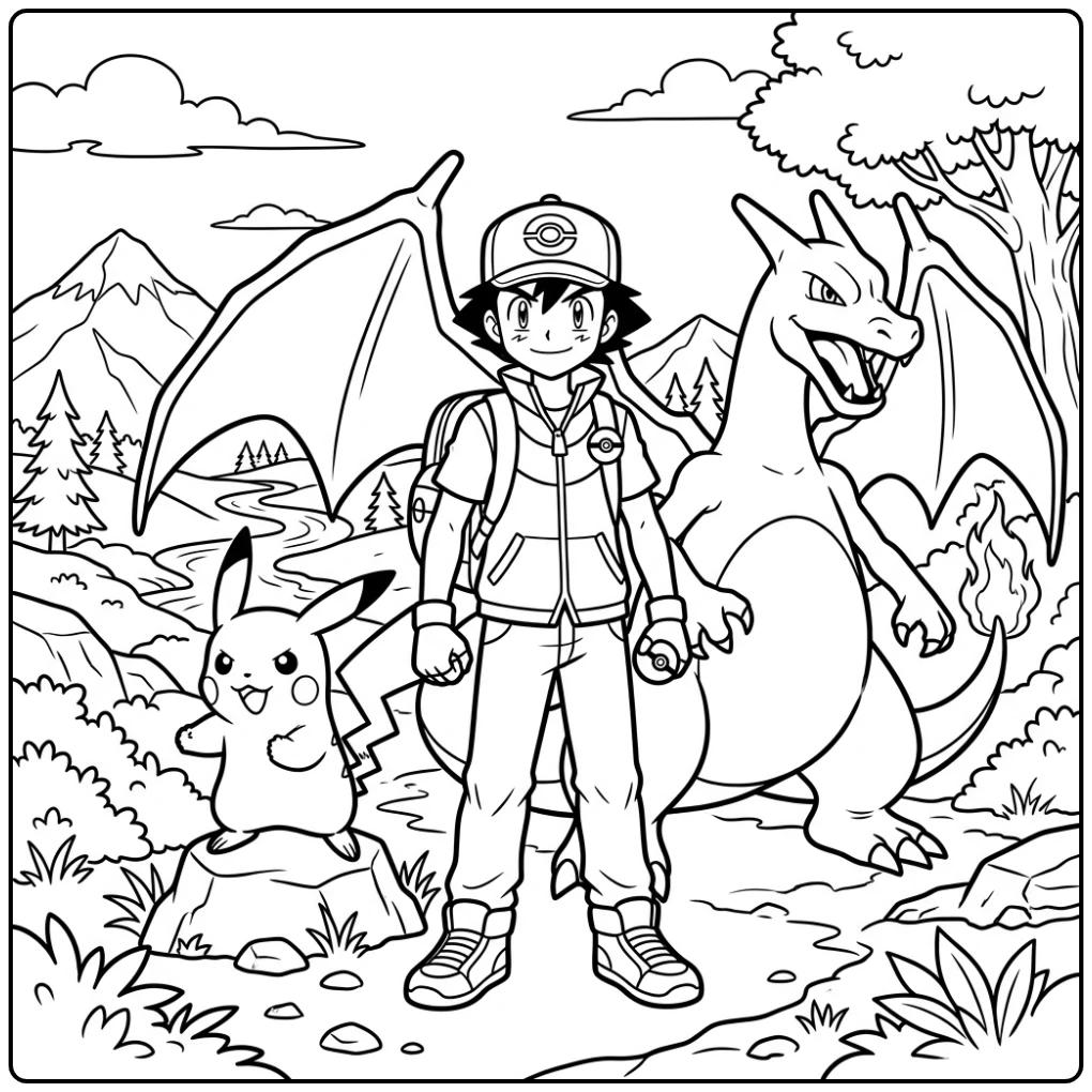 Avontuurlijke pikachu kleurplaat met Satoshi en Charizard.