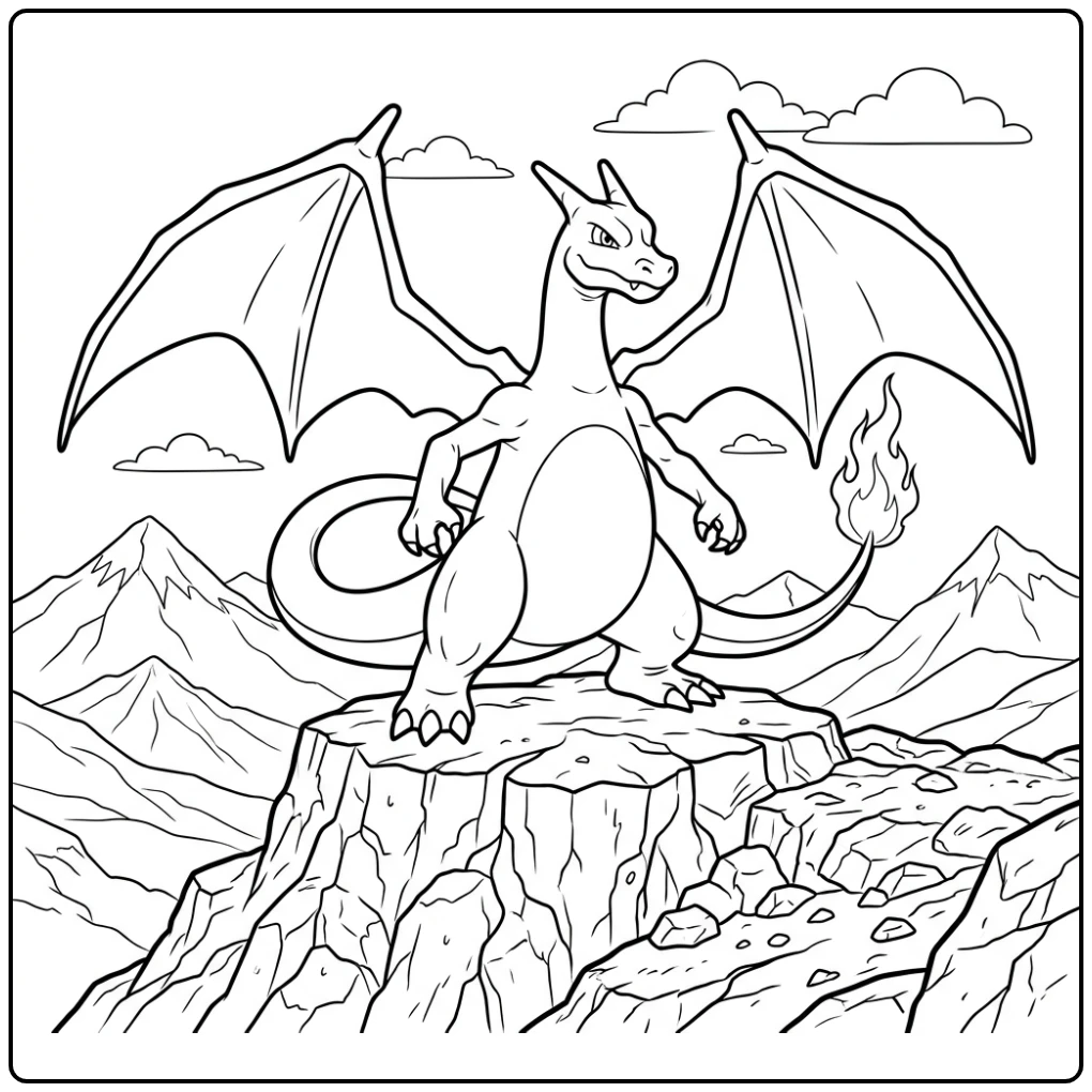 Machtige pokemon kleurplaat charizard x op klif met gespreide vleugels