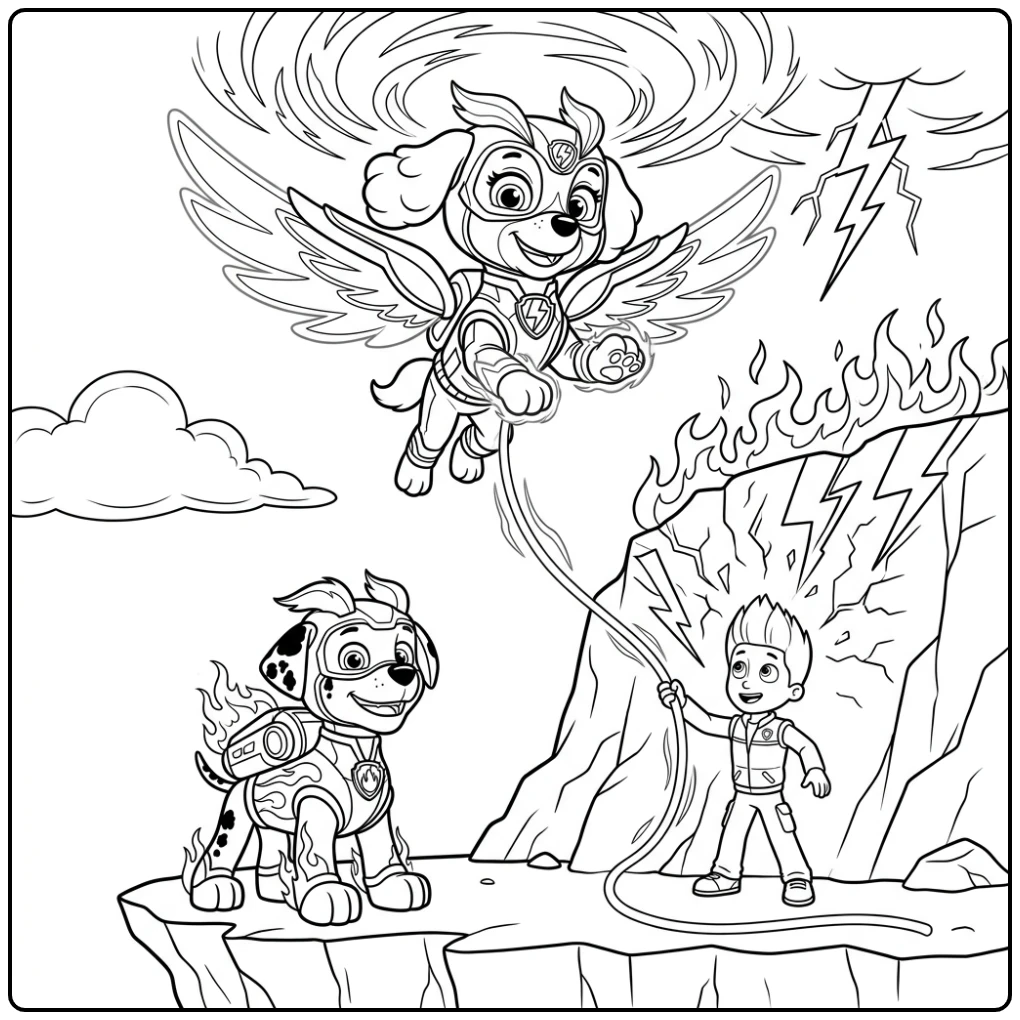 Skye redt Marshall en Ryder: kleurplaat paw patrol mega pups avontuur.