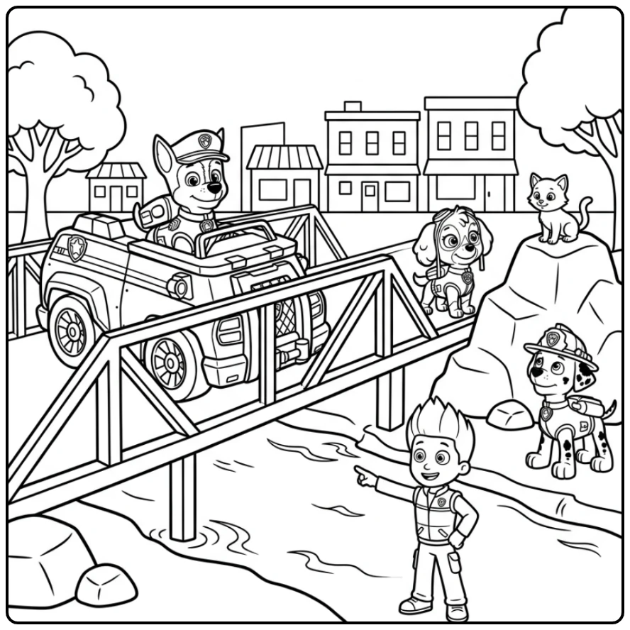 Chase redt een kitten op de brug in zijn paw patrol auto kleurplaat