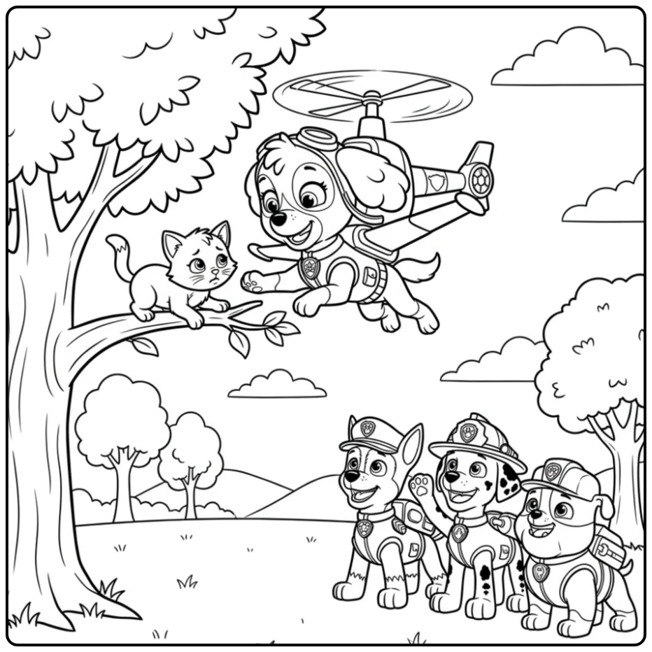 Skye Paw Patrol kleurplaat: Skye redt een kitten uit een boom.
