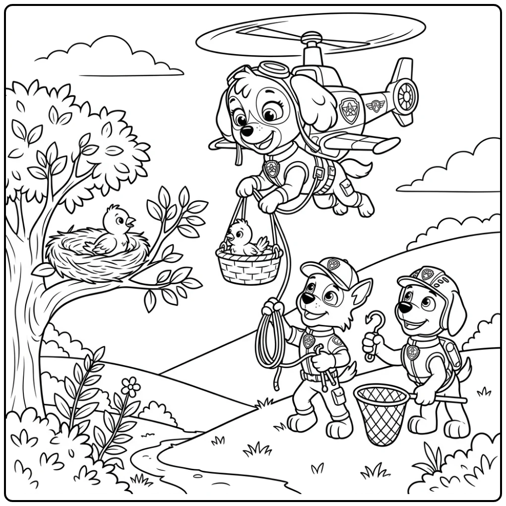 Skye van Paw Patrol redt babyvogel met haar heli, skye paw patrol kleurplaat.