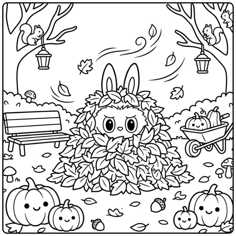 Leuke kleurplaat labubu secret tussen herfstbladeren.