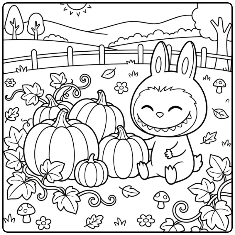 Een labubu kleurplaat cute met pompoenen in de tuin.