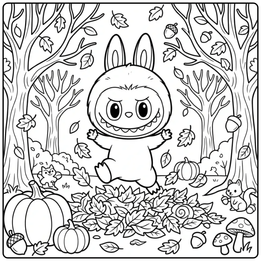 Vrolijke labubu kleurplaat springend in herfstbladeren.