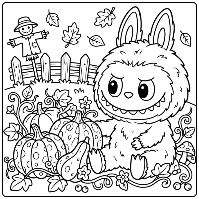 Fluffy Labubu kleurplaat cute met pompoenen en wijnranken.