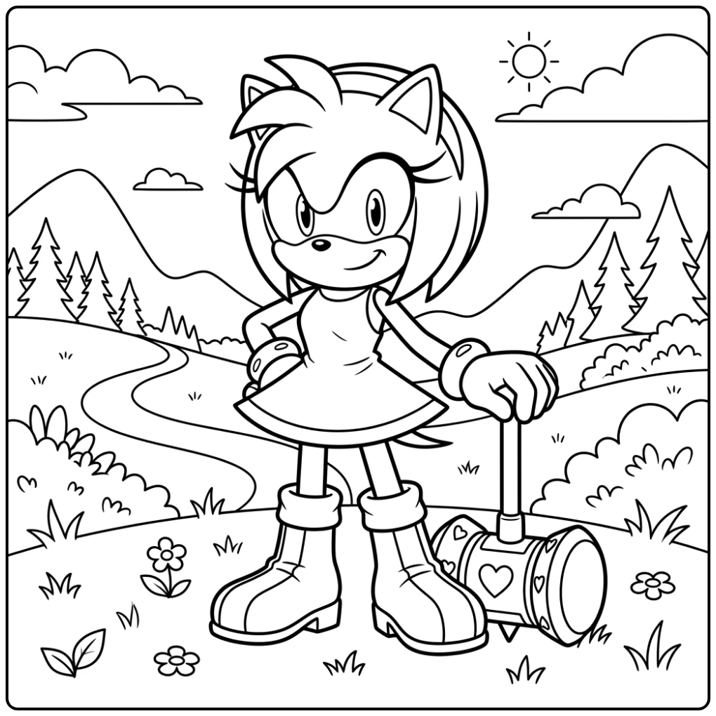 Amy Rose als stoere heldin op deze amy sonic kleurplaat