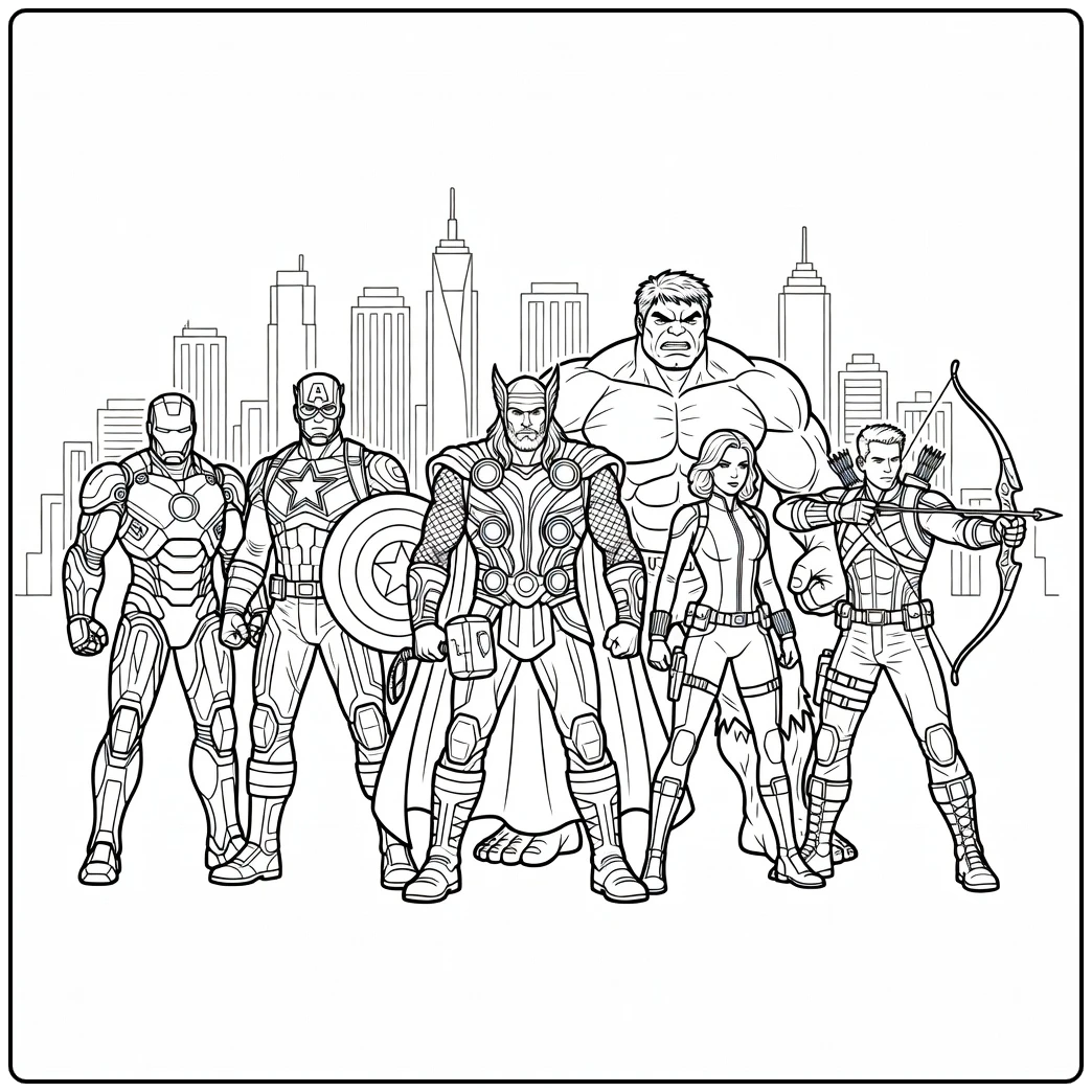 avengers kleurplaat met Iron Man, Thor en de Hulk