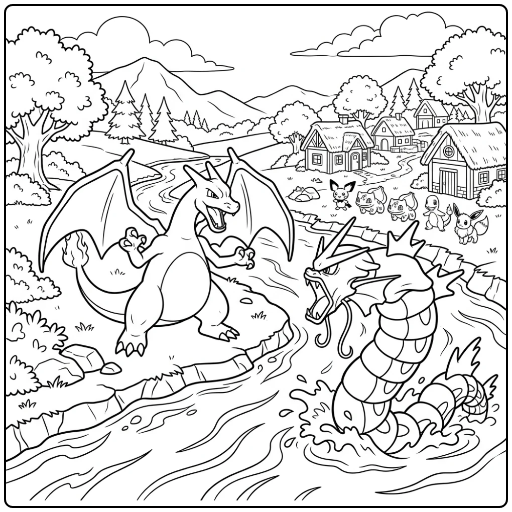 Charizard kleurplaat: heldhaftige Charizard beschermt dorp tegen Gyarados.