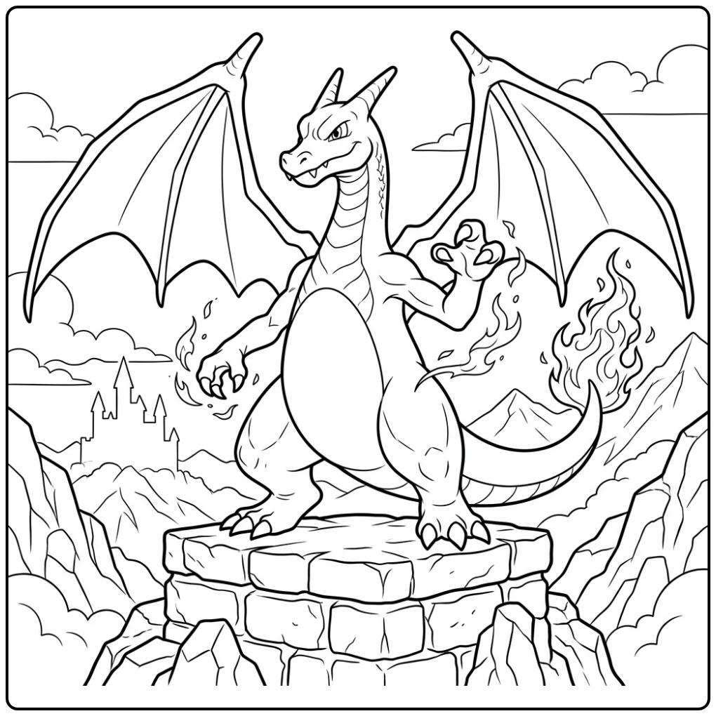 Majestueuze charizard kleurplaat op stenen platform, vlammen dansen.