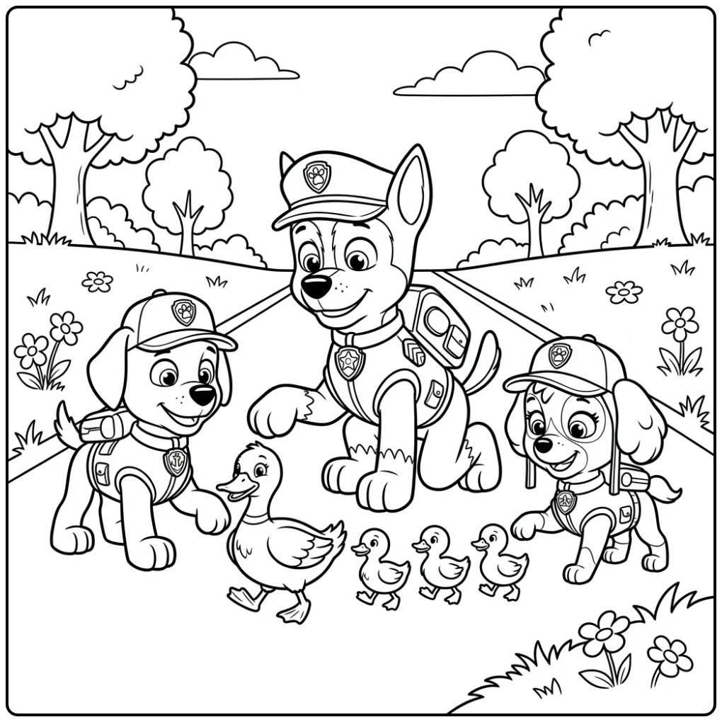 kleurplaat paw patrol chase redt eendenfamilie met Zuma en Skye