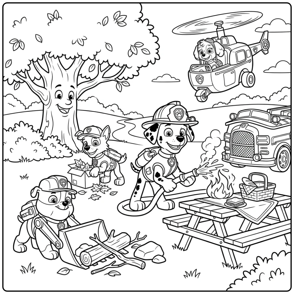 Marshall blust brand bij picknicktafel, kleurplaat paw patrol marshall.