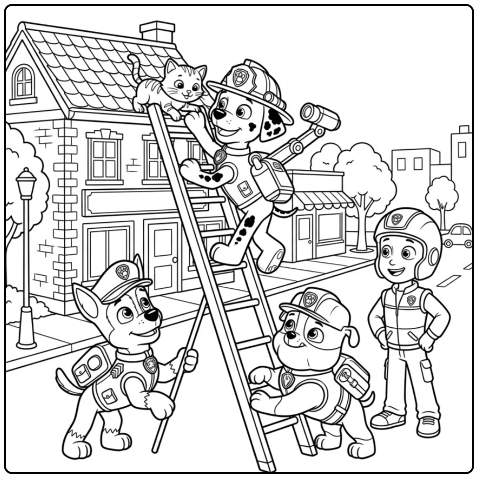 Marshall redt katje van dak, spannende kleurplaat paw patrol marshall