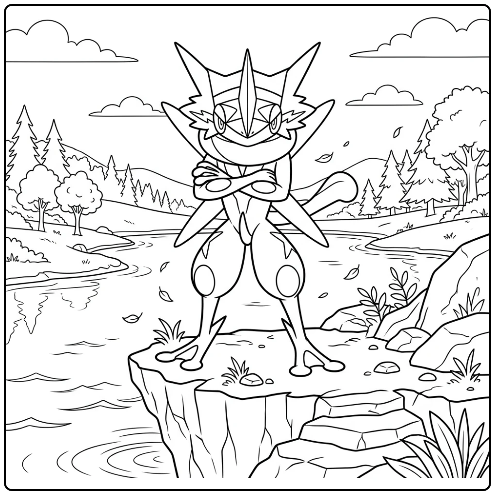 kleurplaat pokemon mega greninja: Mega Greninja op klif bij meer