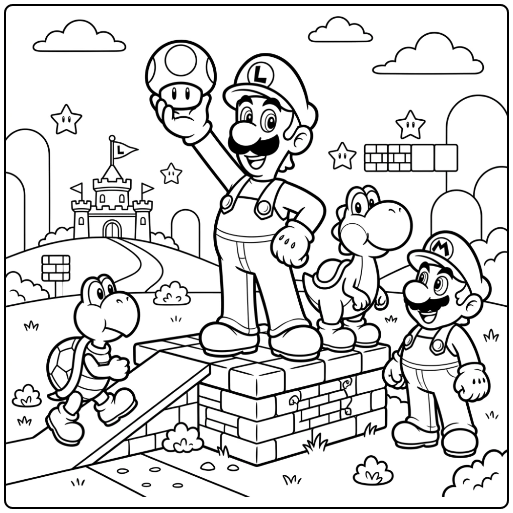Luigi kleurplaat: Luigi, Mario en Yoshi op platform met paddenstoel.