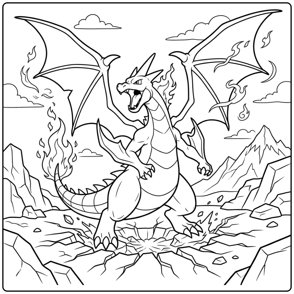 Krachtige pokemon kleurplaat mega charizard y landt brullend op gebarsten grond.