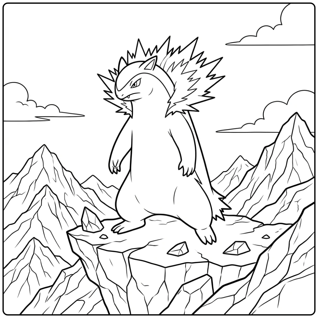 Stoere Pokemon Typhlosion kleurplaat op een bergkam.