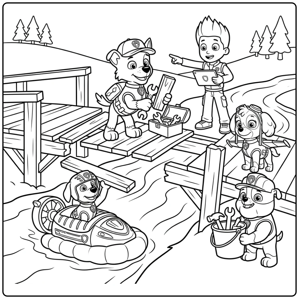Rocky Paw Patrol kleurplaat: Rocky repareert de brug met teamhulp.