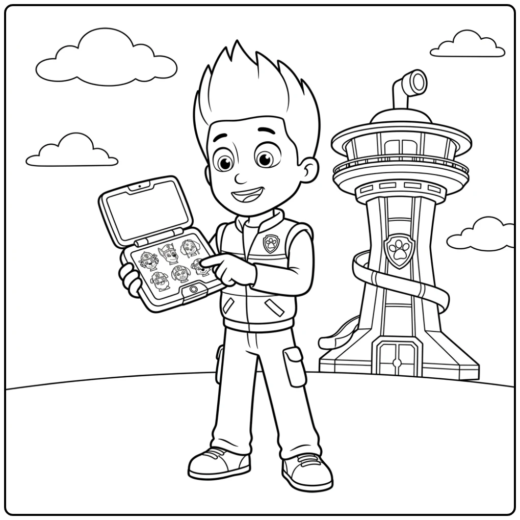 Ryder Paw Patrol kleurplaat: Ryder met Pup Pad bij uitkijktoren.