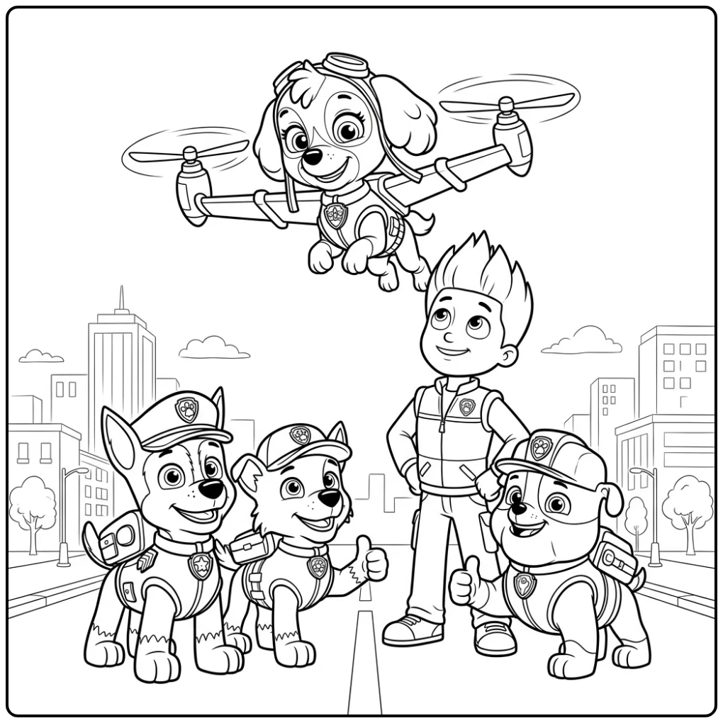 Skye Paw Patrol kleurplaat: Skye zweeft boven Ryder, team juicht.