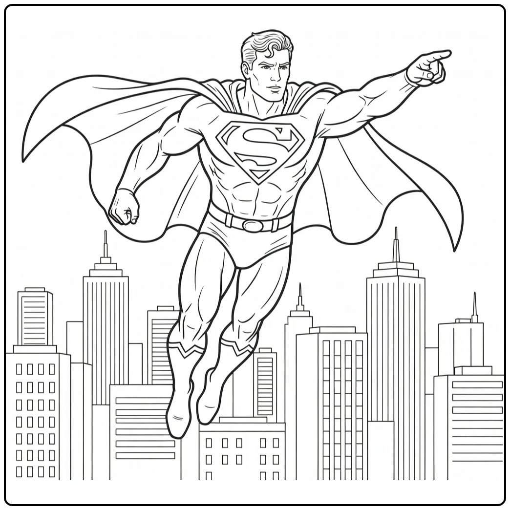 Superman kleurplaat: vliegend boven stad met cape